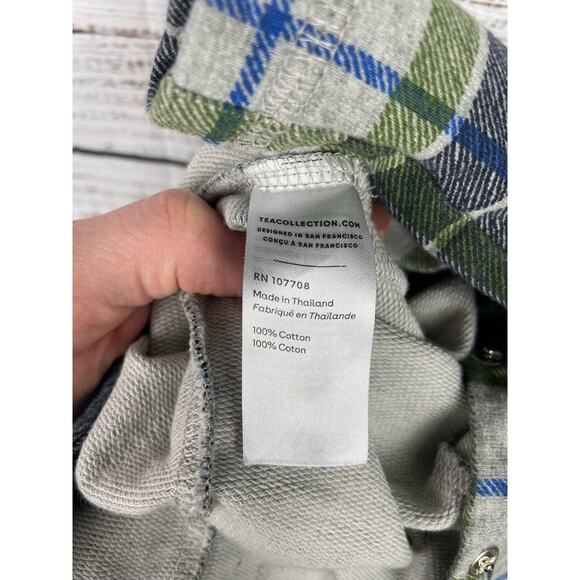 Tea Collection Shawl Collar Baby Romper in Edo Plaid Blue Green 0-3 month Snaps - Picture 8 of 10